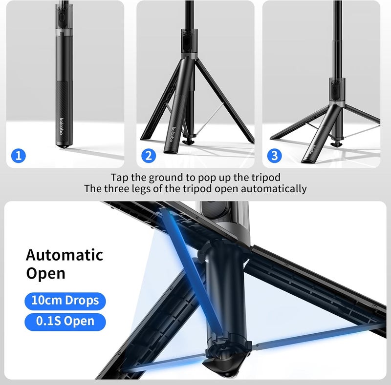 KOLOOBO حامل ثلاثي القوائم للهاتف 67'' تلقائي، عصا سيلفي تفتح تلقائيًا لجهاز iPhone مع جهاز تحكم عن بُعد، حامل هاتف قابل للتدوير 360° وقابل للتمديد لتسجيل الفيديو، حامل ثلاثي القوائم مستقر متوافق مع iPhone وAndroid - Image 2
